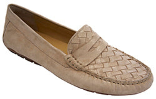 The Adrik in beige is a leather loafer with a woven basketweave design on the vamp. Beautiful neutral color with a metallic shine. Features a flexible rubber sole.
