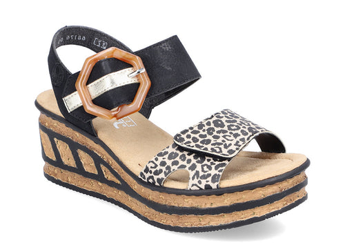 The fashionable and comfortable Rose 76 sandals in black and tan with animal print are just what you need.  Keep your feet happy while remaining in style.  Cushioned footbed for an elevated feel and comfort.