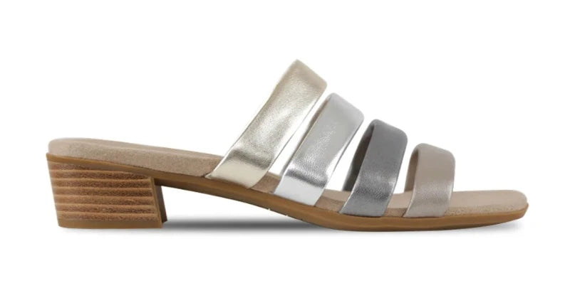 Adrianne in taupe metallic is an elegant 4 strap slide sandal on a latex rubber outsole.