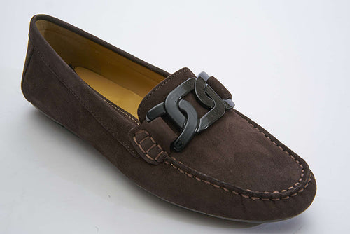 The Aiker in brown suede is an ultra-soft loafer.  Features a matching chain ornament, padded leather insole and rubber Heel height is approximately .25 inch.