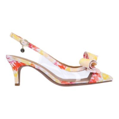 Calista in warm multi is a fabric and vinly slingback with adjustable buckle closure.