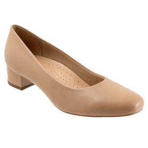 The Dream slip-on in nude leather belies its simple profile with a comfortable interior and stable heel.