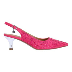 This dressy slingback pump in fuchsia is made of fabric/rhinestones with a synthetic lining and synthetic sole on a 2 inch heel.