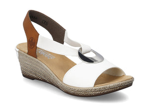 The Fanni H6 in white and tan by Rieker is molded in a pattern of braided jute.  A low, lightweight wedge sandal with a velvety molded footbed features stretch elastic straps for easy comfort and style. 
