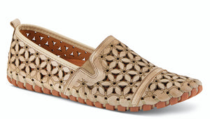 The Spring Step Flower Flow leather beige slip-on loafer is a European influenced design featuring flower laser cutouts and etching for a unique modern appeal.