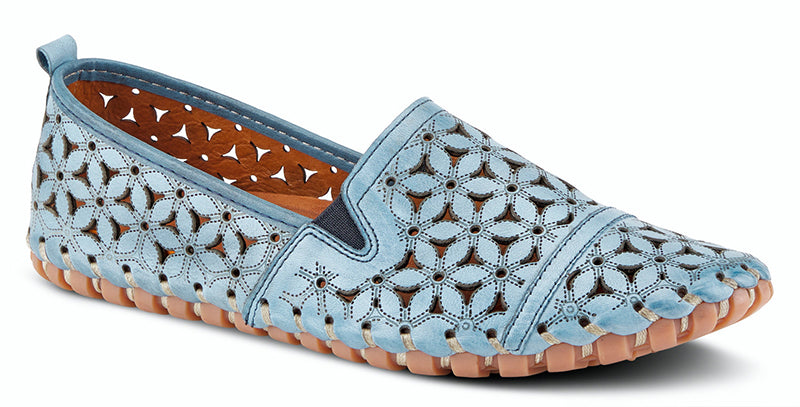 The Spring Step Flower Flow leather blue slip-on loafer is a European influenced design featuring flower laser cutouts and etching for a unique modern appeal.