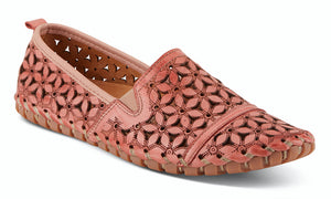 The Spring Step Flower Flow leather salmon slip-on loafer is a European influenced design featuring flower laser cutouts and etching for a unique modern appeal.