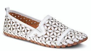 The Spring Step Flower Flow leather white slip-on loafer is a European influenced design featuring flower laser cutouts and etching for a unique modern appeal.