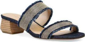 Pelle Moda Iona in indigo denim has chain streams which sweep across the straps