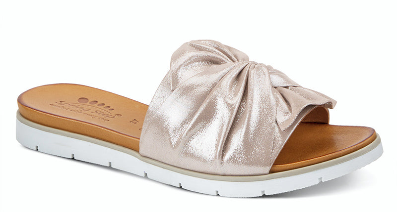LAVONA Flexible outsole, silver slip on style with a beautiful leather twist bow.