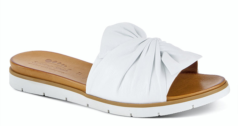LAVONA Flexible outsole, white slip on style with a beautiful leather twist bow