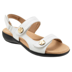 The Romi Stitch sandal in white has everything you love (fully adjustable straps, comfortable footbed) about the Romi sandal now with a stitch pattern on the straps topped off with an ornament.