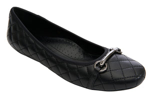 Stacy black quilted leather skimmer features a metal bit.