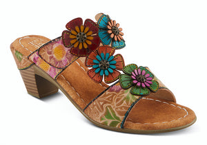 These unique, hand-painted sandals in tan multi feature a leather wrap around the heel and a vibrant, multi-colored asymmetrical flower pattern on the upper.