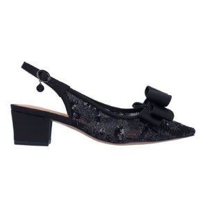 The Triata pump in black satin and mesh has a beautiful ornamental bow.&nbsp; Features memory foam and a buckle closure.&nbsp; Heel height is approximately 2 inches.
