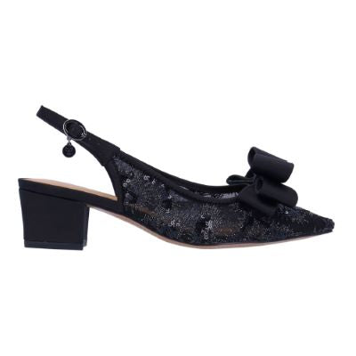The Triata pump in black satin and mesh has a beautiful ornamental bow.  Features memory foam and a buckle closure.  Heel height is approximately 2 inches.
