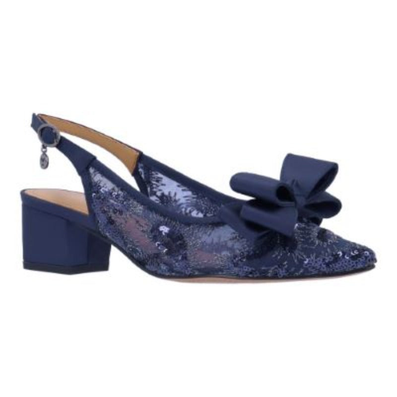 The Triata pump in navy satin and mesh has a beautiful ornamental bow.  Features memory foam and a buckle closure. Heel height is approximately 2 inches.
