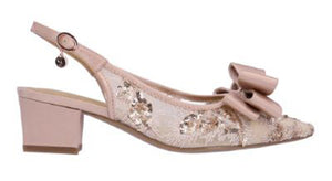 The Triata pump in rose gold satin and mesh has a beautiful ornamental bow.