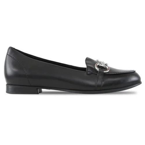 The Tanya in black soft leather has a metal bit, hidden wedge and extra arch support.  Heel height is approximately 1 inch.