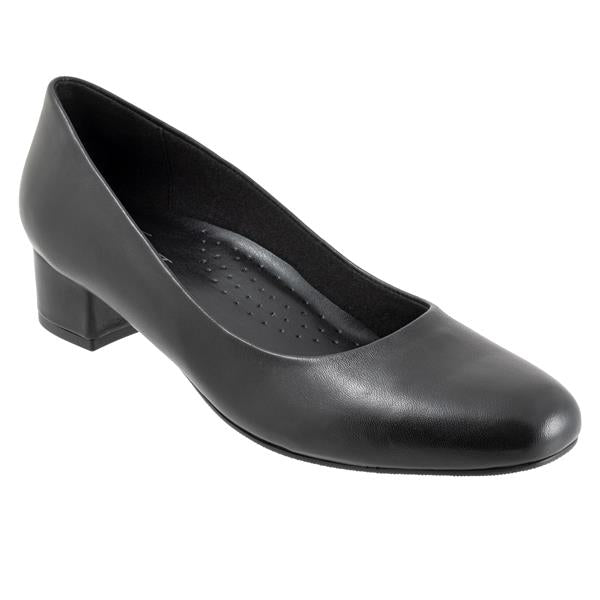 The Dream slip-on in black leather belies its simple profile with a comfortable interior and stable heel.