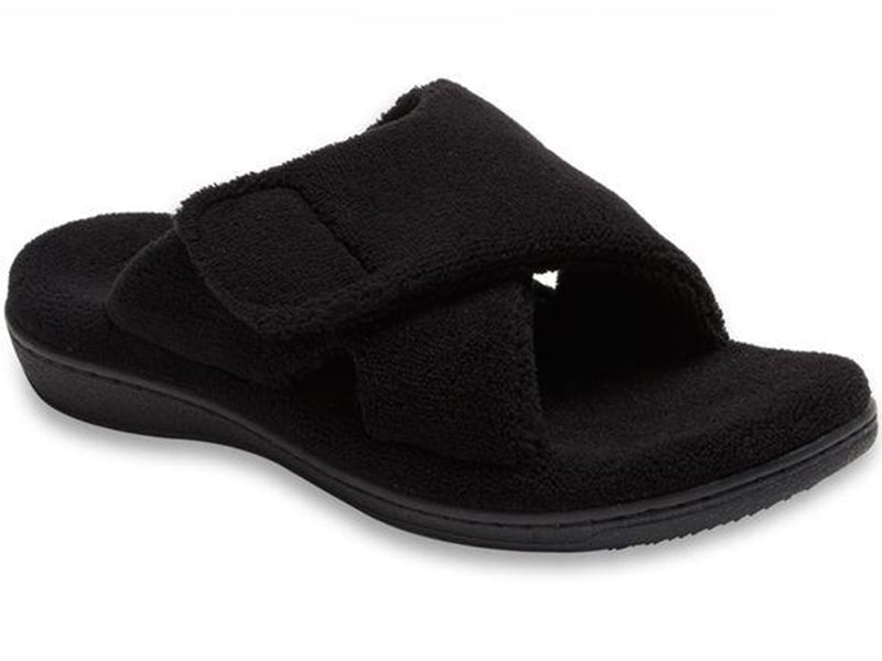 Pamper your feet indoors with these soft and comfy spa-style slippers with hook-and-loop adjustable closure. Featuring the same tried and tested Vionic technology as our sandals, active and closed-in styles, Vionic slippers offer everyday support for at-home wear. Footbed is covered with 100% polyester terrycloth and terry upper/lining features an adjustable hook-and-loop closure for easy on and off.
