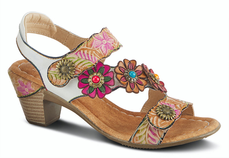 These slingback sandals are positively blooming with charm.  Features embossed and 3D florals crisscrossing your foot with an adjustable hoop and loop closure.  Heel height is approximately 2.5 inches.