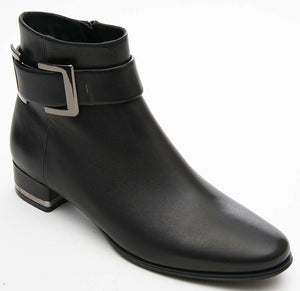 Avenel by Vaneli is a beautiful leather boot with faux-buckle accent strap and metal rand. Features a side zip, 5 inch shaft and rubber sole. Covered heel is approximately 1.25 inches. 