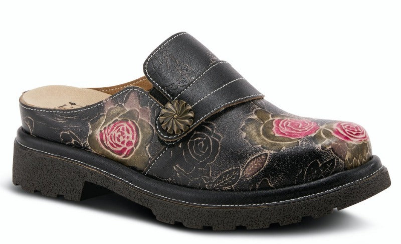 COMFICUTE Slip-on backless shoe with stunning color pops in beautiful flowers, embossed leather, and oversized antique stud on a lug sole. Features leather lining, hand-painted leather, padded insole and premium removable insole. L’Artiste products are made with natural tanned leather using traditional hand painting techniques. This unique finishing process is used to create a natural effect with color variations to deliver authentic look and beauty. Heel height 1.5 inches.