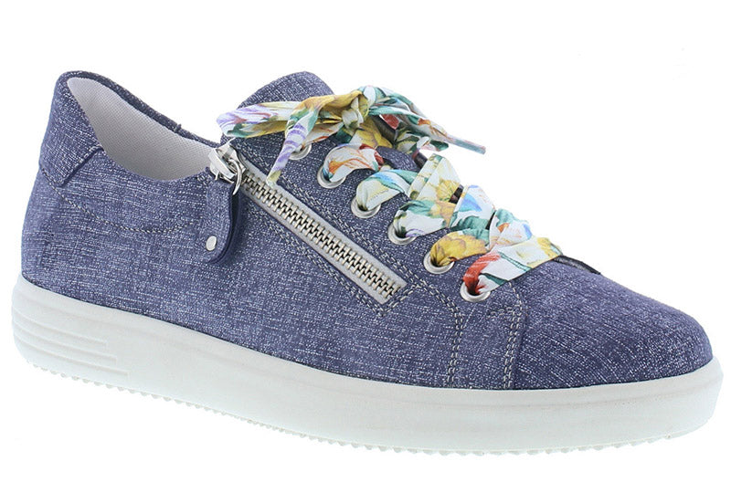 The Cecilia 01 by Rieker is part of the Remonte collection.  An adorable sneaker in denim with bright shoe laces and an outside zipper for easy on and off.  Heel height is approximately 1.25 inches.