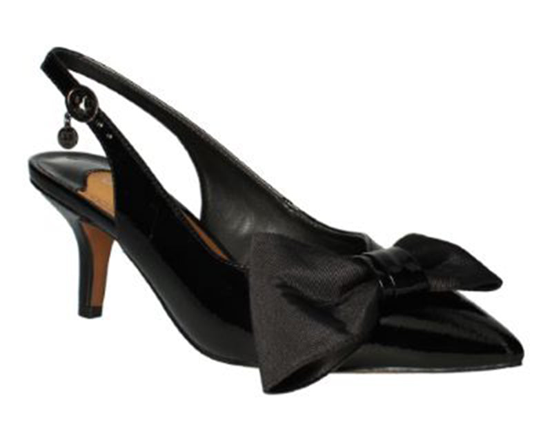This striking pump is a showstopper.   Features patent leather with a patent heel and beautiful bow. Heel height approximately 2.25 inches. 