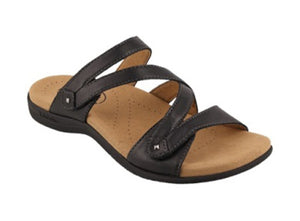 The Double U is a lightweight black leather sandal with assymetrical straps.  These sandals are comfortable due to the lightweight padded footbed lined in suede.  Features 2 adjustable hook and loop closures.    Heel height is approximately 1.25 inches.