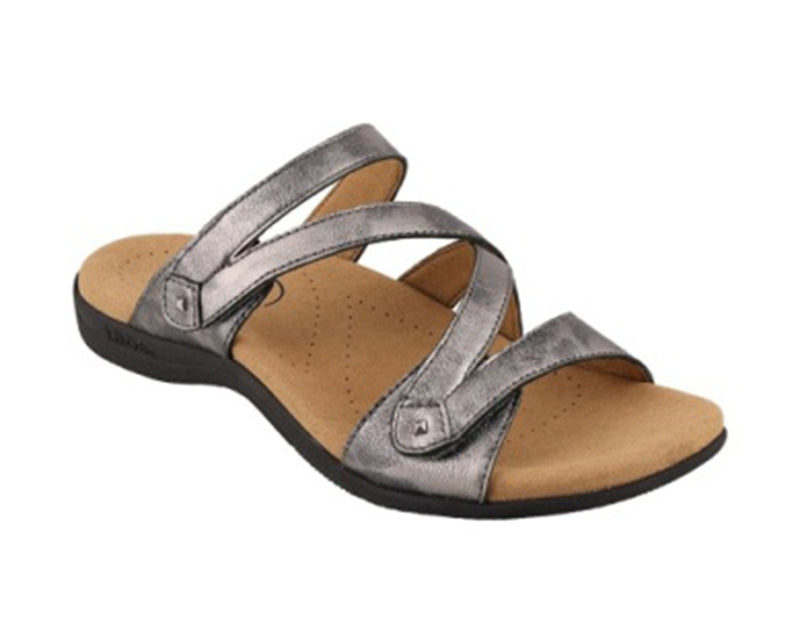 The Double U is a lightweight leather sandal with asymetrical straps.  These pewter sandals are comfortable due to the lightweight padded footbed lined in suede.  Features 2 adjustable hook and loop closures.  The Double U is ready for adventure.  Heel height is approximately 1.25 inches.