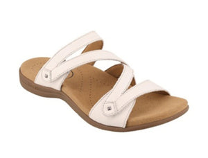 The Double U is a lightweight leather sandal with asymetrical straps.  These white sandals are comfortable due to the lightweight padded footbed lined in suede.  Features 2 adjustable straps.  Heel height is approximately 1.25 inches.