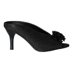 The Emilia slide in black dance glitter is a show stopper.  Features a round shaped toe and memory foam insole.  Heel height is approximately 3 inches.