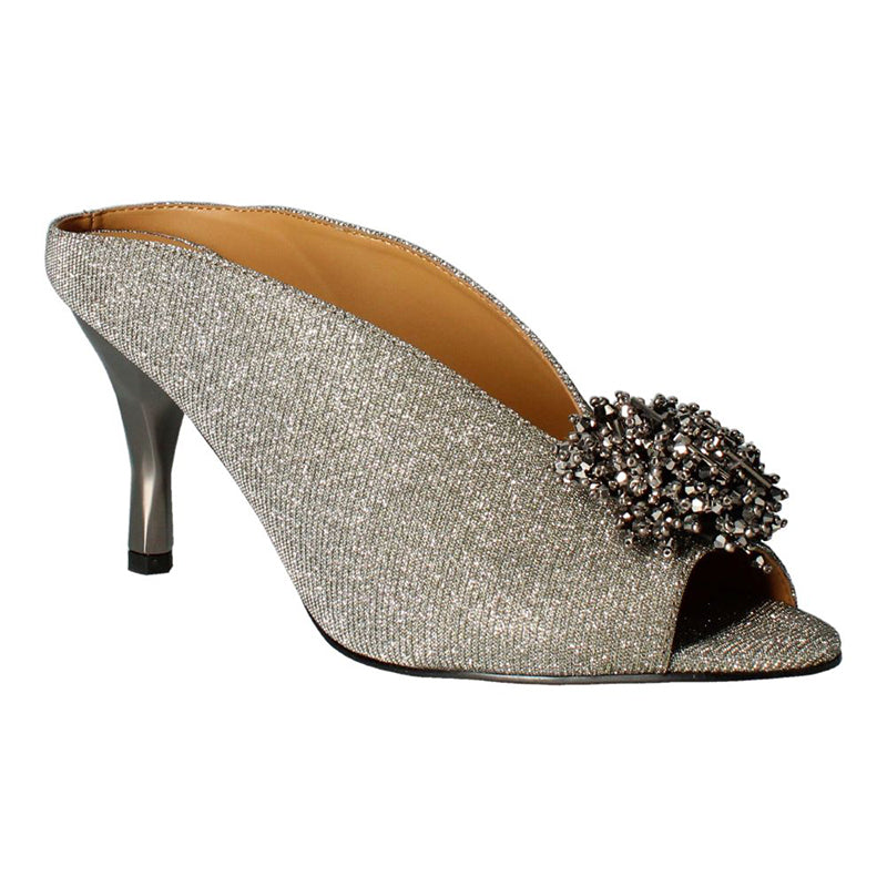 The Emilia slide in pewter dance glitter is a show stopper.  Features a round shaped toe and memory foam insole.  Heel height is approximately 3 inches.