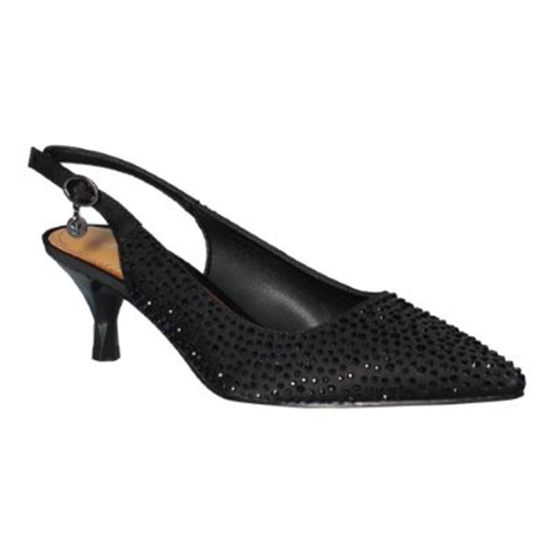 This dressy slingback pump is made of fabric/rhinestones with a synthetic lining and synthetic sole on a 2 inch heel. This style also features a shaped closed toe with a buckle closure.  Insole features memory foam.