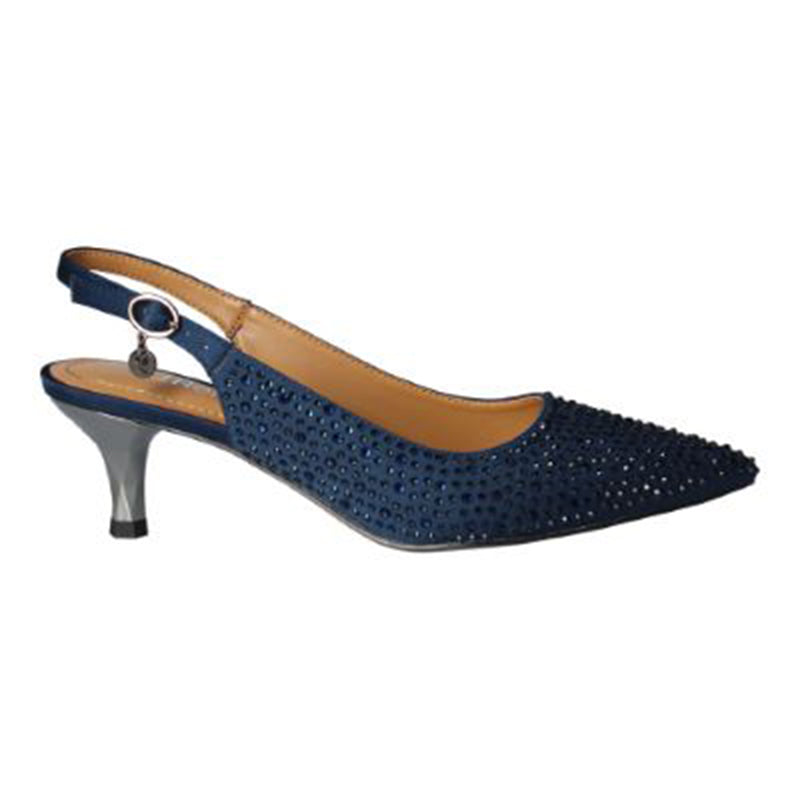 This dressy slingback pump is made of fabric/rhinestones with a synthetic lining and synthetic sole on a 2 inch heel. This style also features a shaped closed toe with a buckle closure.  Insole features memory foam.