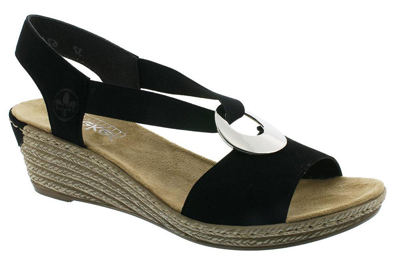 The Fanni H6 in black by Rieker is molded in a pattern of braided jute.  A low, lightweight wedge sandal with a velvety molded footbed features stretch elastic straps for easy comfort and style.  Heel height is approximately 2 inches.