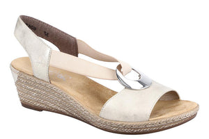 The Fanni H6 in light gold by Rieker is molded in a pattern of braided jute.  A low, lightweight wedge sandal with a velvety molded footbed features stretch elastic straps for easy comfort and style.  Heel height is approximately 2 inches.