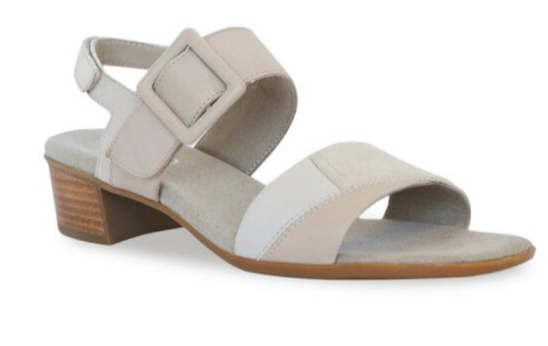 The Frances is a patchwork multi slingback sandal with a fashionable square toe. Features a backstrap with wrapped leather buckle and a hook and loop closure. Heel height is approximately 1.5 inches.
