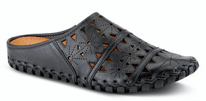 European influenced, black leather open back slip-on shoe, featuring geometric laser cut-outs and etching for a unique modern appeal. Features a lightweight, durable, flexible rubber sole for all day comfort. 