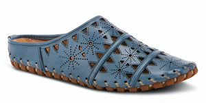 European influenced, blue leather open back slip-on shoe, featuring geometric laser cut-outs and etching for a unique modern appeal. Features a lightweight, durable, flexible rubber sole for all day comfort. 