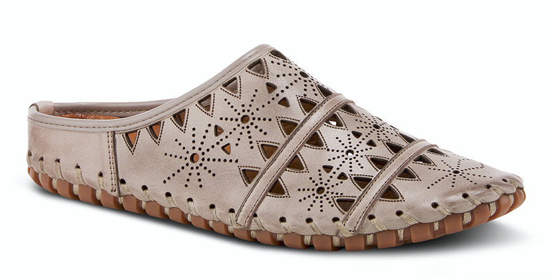 European influenced, grey leather open back slip-on shoe, featuring geometric laser cut-outs and etching for a unique modern appeal. Features a lightweight, durable, flexible rubber sole for all day comfort. 