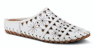 European influenced, leather open back slip-on shoe, featuring geometric laser cut-outs and etching for a unique modern appeal. Features a lightweight, durable, flexible rubber sole for all day comfort.