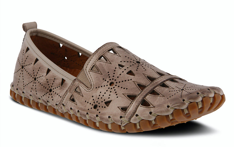 The Spring Step Fusaro leather slip-on loafer is a European influenced design featuring geometric laser cutouts and etching for a unique modern appeal.    High quality leather upper, round toe silhouette, pull-on heel tab, artisan stitched construction.  Dual-sided incorporated stretch elastic V-shaped goring.