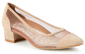The Hepburn is an elegant suede toe pump with mesh fabric.  Constructed with the Tiny Pillows construction for comfort and a rubber outsole.  Heel height is approximately 1.5 inches.