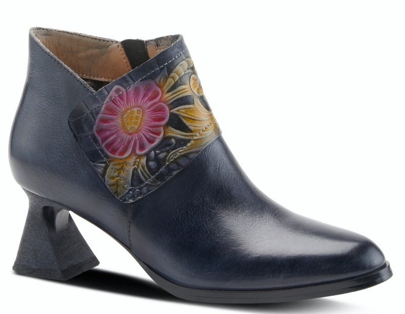 The Inspiration is a French inspired high quality leather bootie featuring floral embossed design and inside zipper for easy on and off on an architectural heel. Features leather lining, velvet insole, rubber outsole, zipper closure, padded insole and hand painted. 