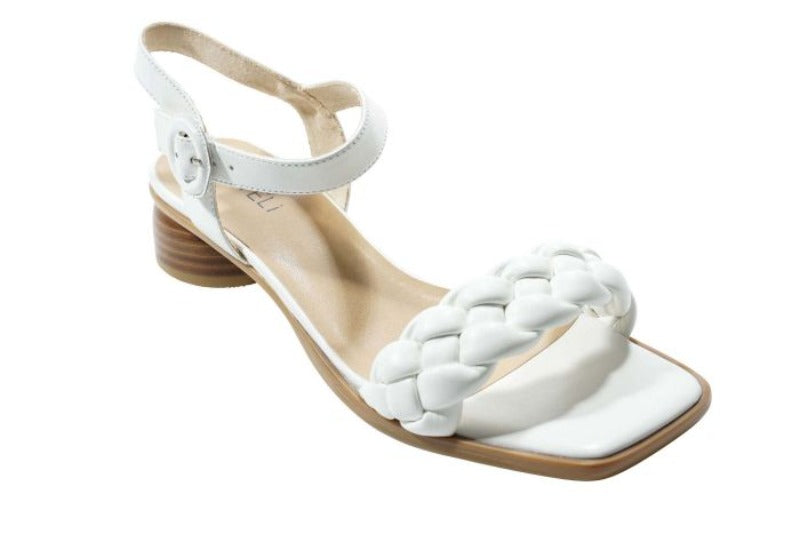 The Kalee is a braided-strap leather sandal with a squared toe. Featuring a circular leather covered adjustable buckle with hidden elastic insert. Padded leather insole. Heel height approximately 1.25 inch sculptural wood heel.