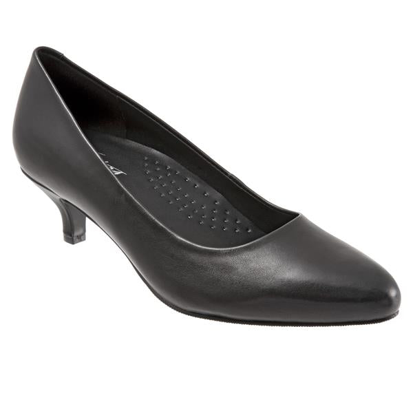 Trotters Kiera is a classic kitten heel pump.  Amazing fit, arch support and flexibility with a removable footbed take this pump to a new level of comfort.  Heel height is approximately 2 inches.