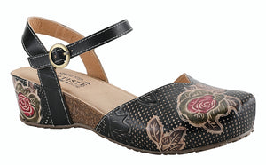 The Lizzie Rose is a  French inspired, hand-painted leather mary-jane perforated wedge clog embosed with rose flowers design and and fashioned with an antiqued metal buckle. Heel Height approximately 1 .75.  L’Artiste products are made with natural tanned leather using traditional hand painting techniques. This unique finishing process is used to create a natural effect with color variations to deliver authentic look and beauty.